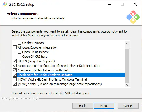 Git for Windowsのインストール設定画面