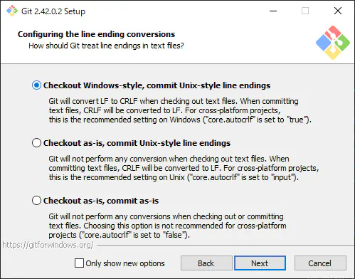 Git for Windowsの改行コード設定画面