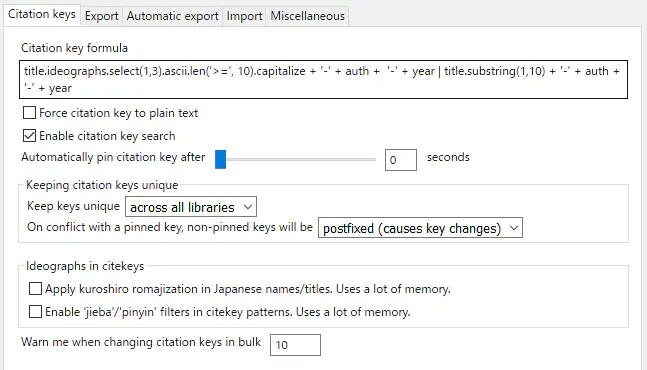 Better BibTeXの設定画面